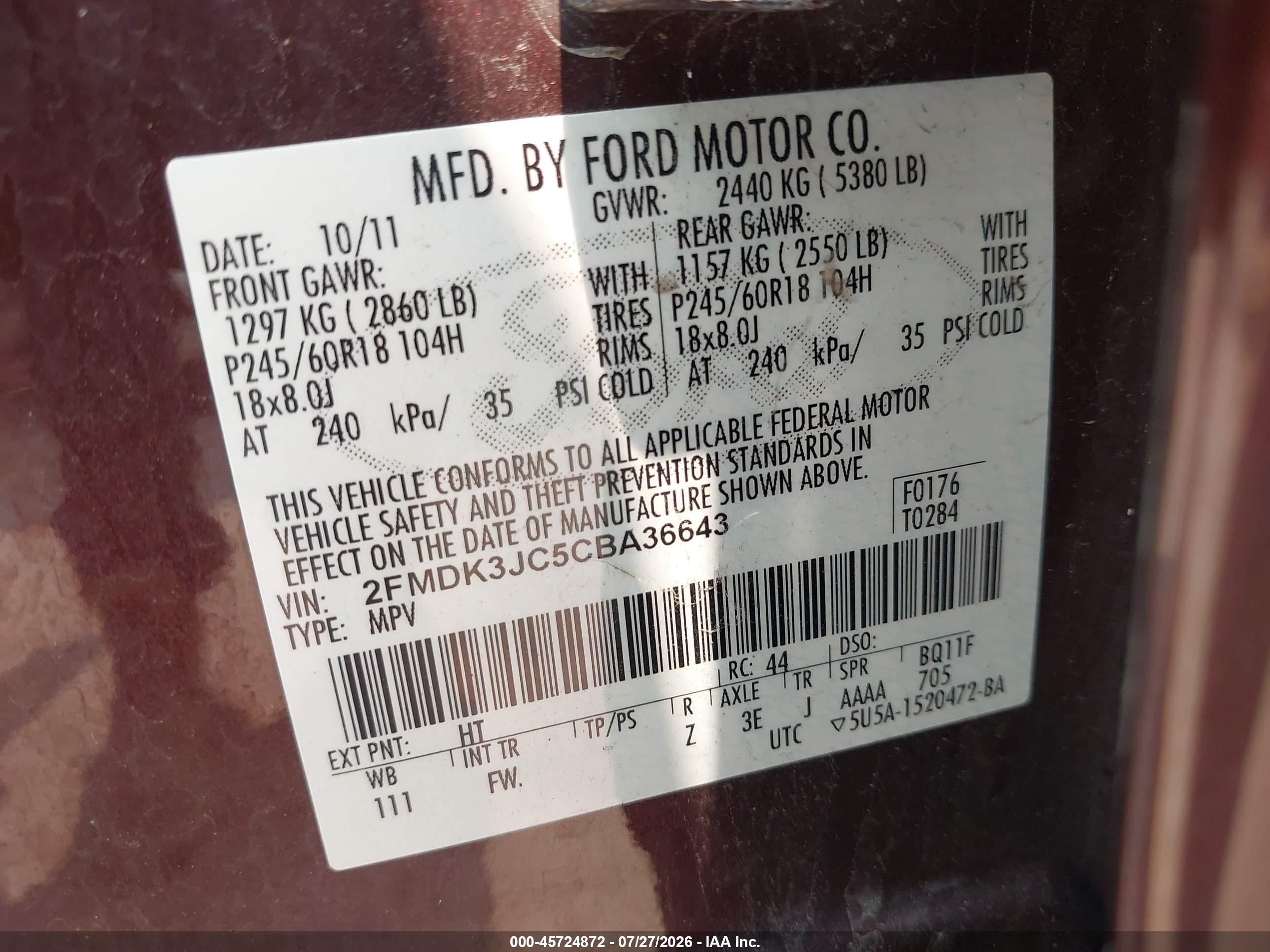 2012 Ford Edge Sel Burgundy vin: 2FMDK3JC5CBA36643