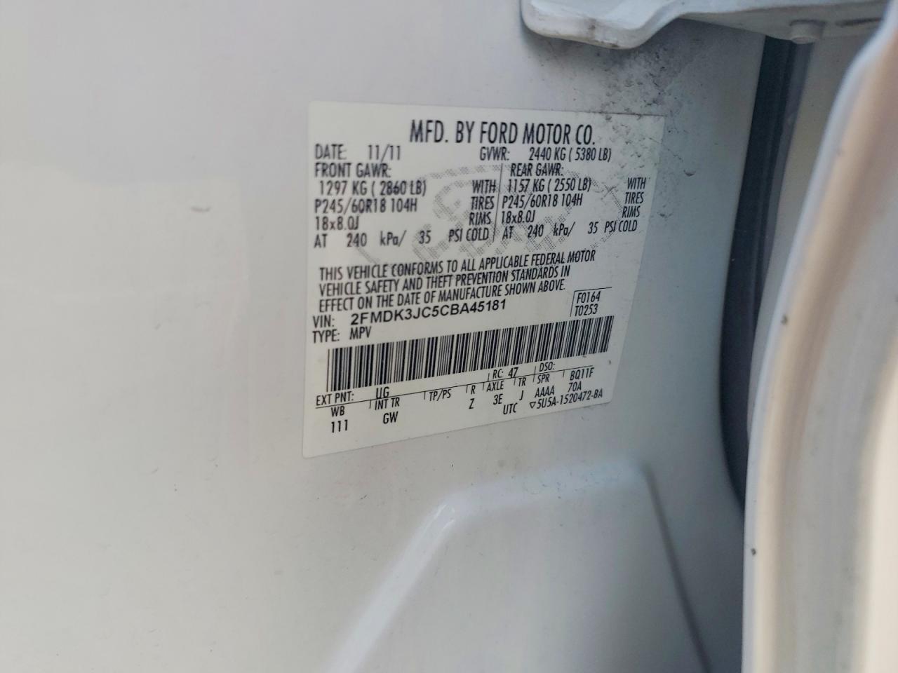 2012 Ford Edge Sel Белый vin: 2FMDK3JC5CBA45181