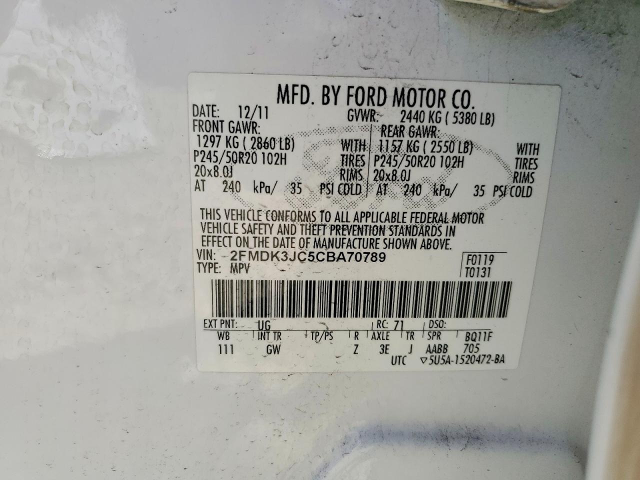 2012 Ford Edge Sel Белый vin: 2FMDK3JC5CBA70789