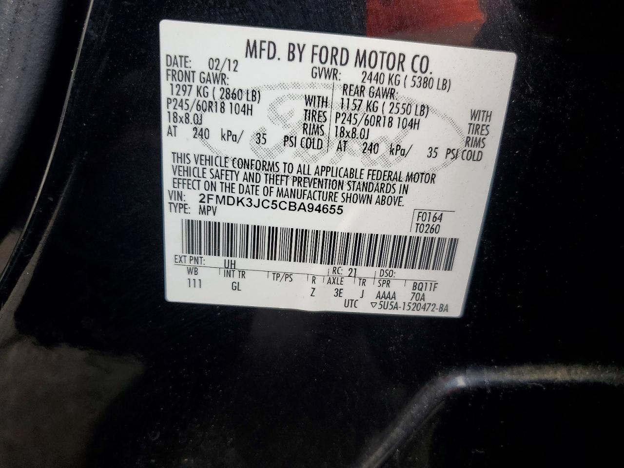 2012 Ford Edge Sel Black vin: 2FMDK3JC5CBA94655