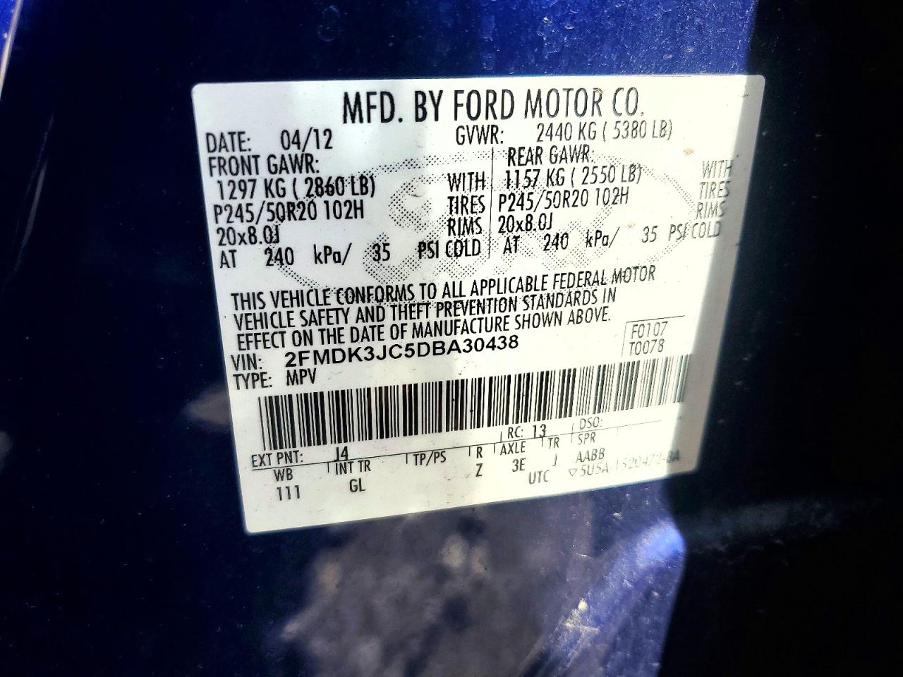 2013 Ford Edge Sel Blue vin: 2FMDK3JC5DBA30438