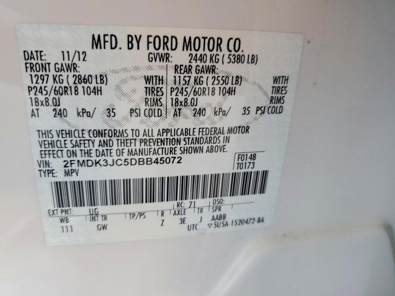 2013 Ford Edge Sel White vin: 2FMDK3JC5DBB45072