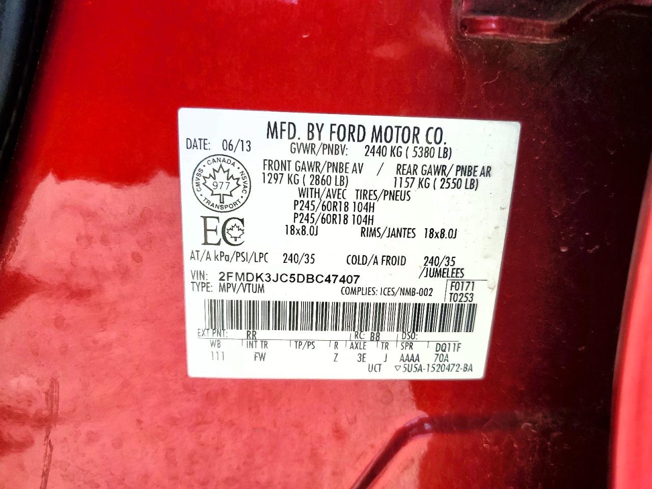 2013 Ford Edge Sel Red vin: 2FMDK3JC5DBC47407