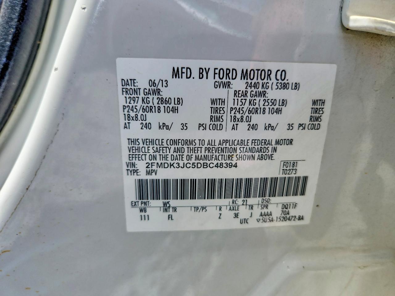2013 Ford Edge Sel White vin: 2FMDK3JC5DBC48394