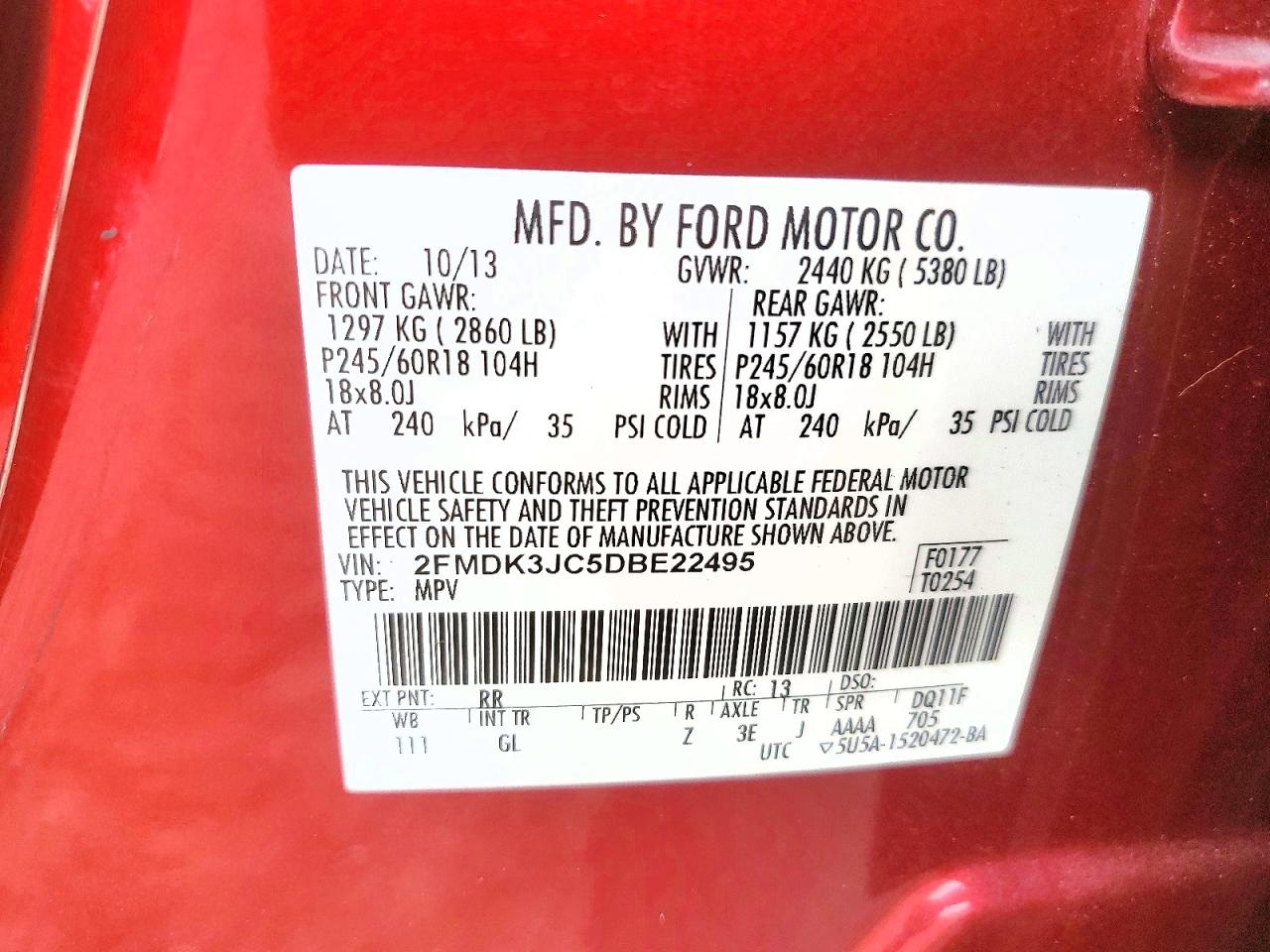 2013 Ford Edge Sel Burgundy vin: 2FMDK3JC5DBE22495