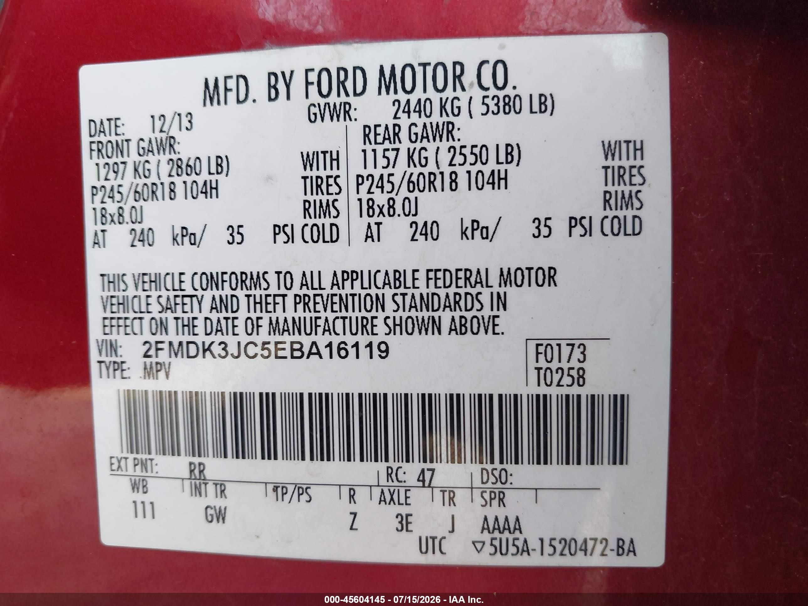 2014 Ford Edge Sel Темно-бордовый vin: 2FMDK3JC5EBA16119