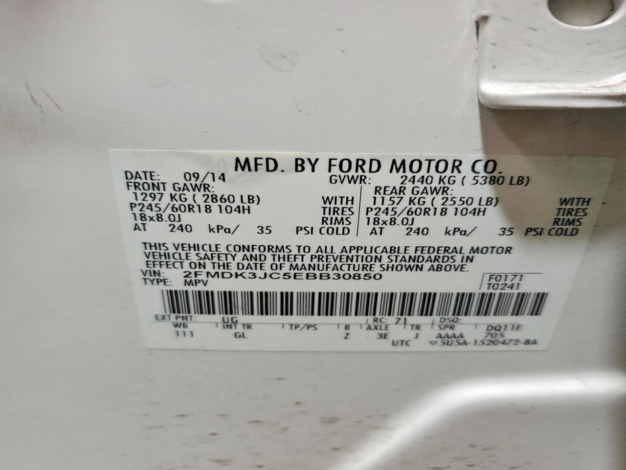 2014 Ford Edge Sel White vin: 2FMDK3JC5EBB30850