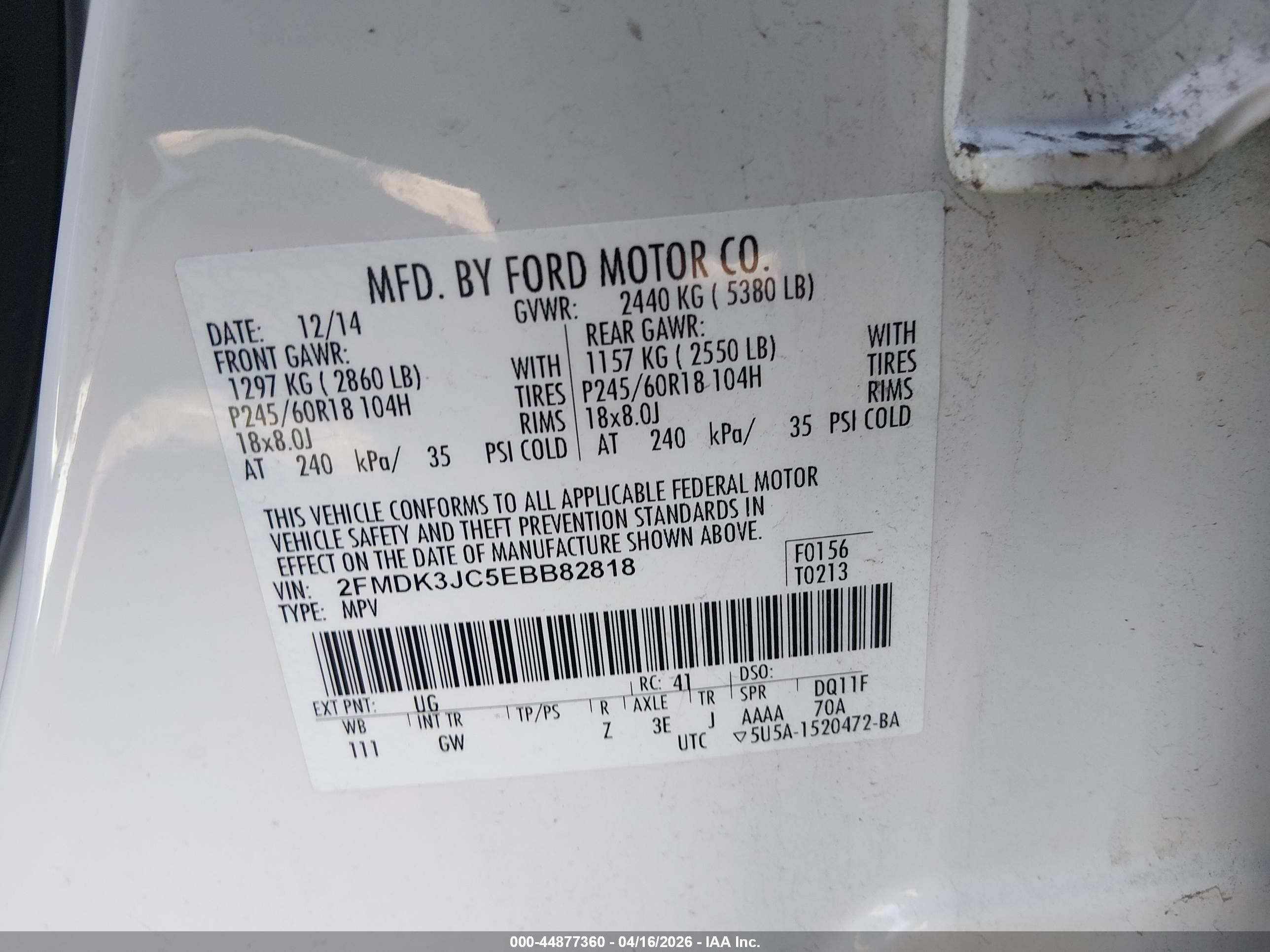 2014 Ford Edge Sel White vin: 2FMDK3JC5EBB82818