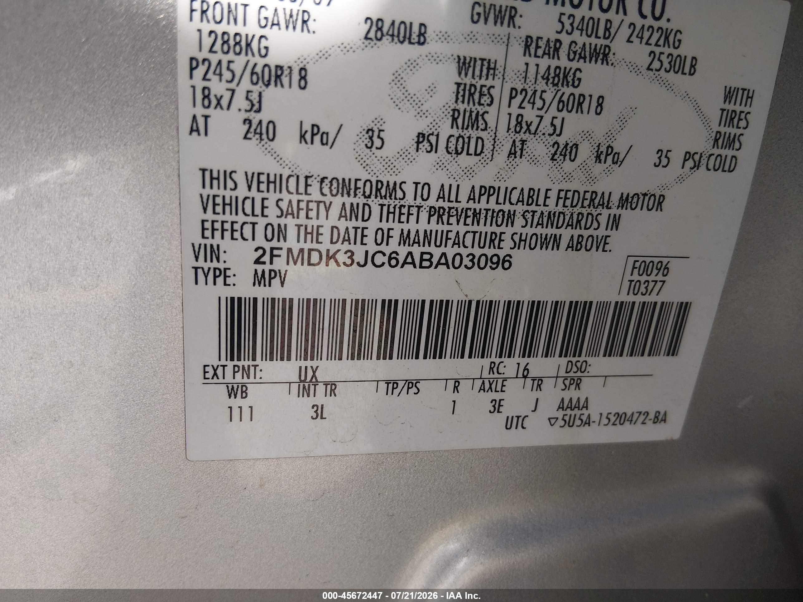 2010 Ford Edge Sel Silver vin: 2FMDK3JC6ABA03096