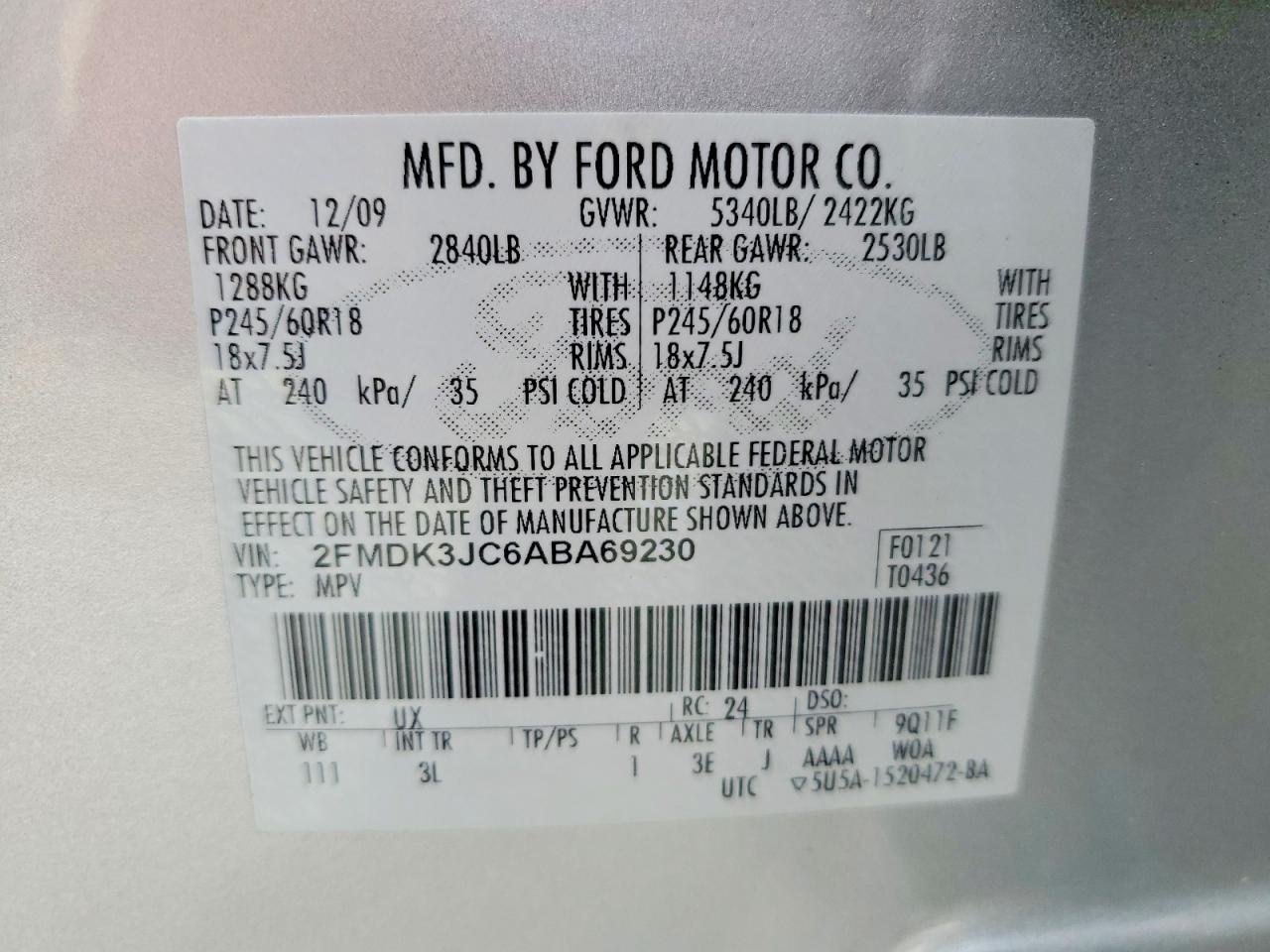 2010 Ford Edge Sel Silver vin: 2FMDK3JC6ABA69230