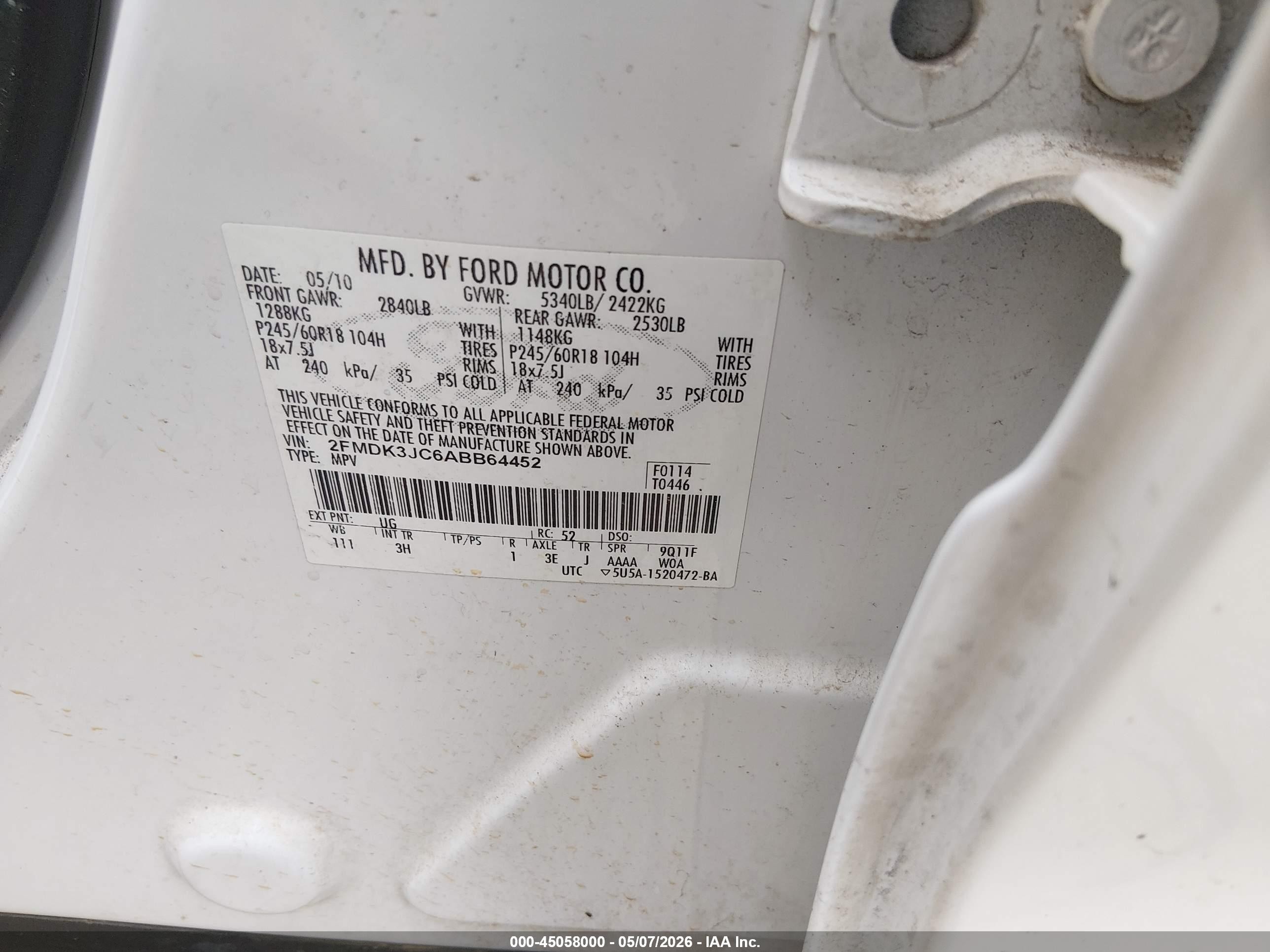 2010 Ford Edge Sel Белый vin: 2FMDK3JC6ABB64452