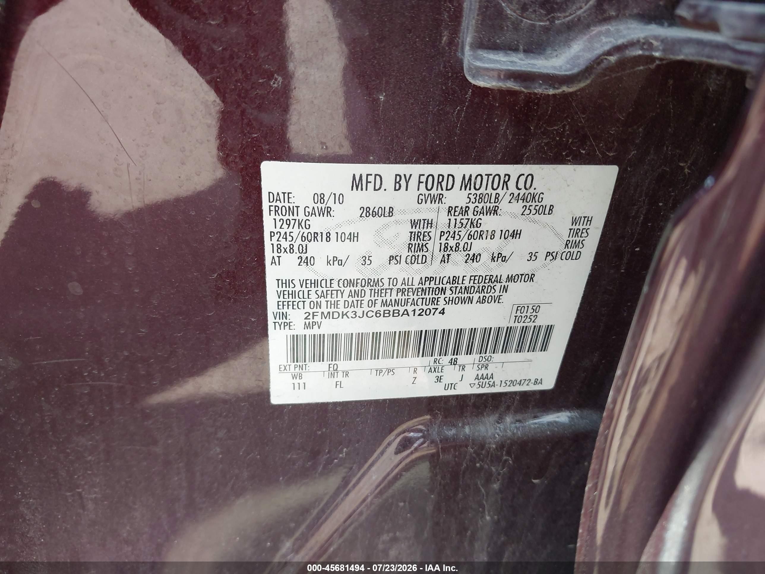 2011 Ford Edge Sel Burgundy vin: 2FMDK3JC6BBA12074
