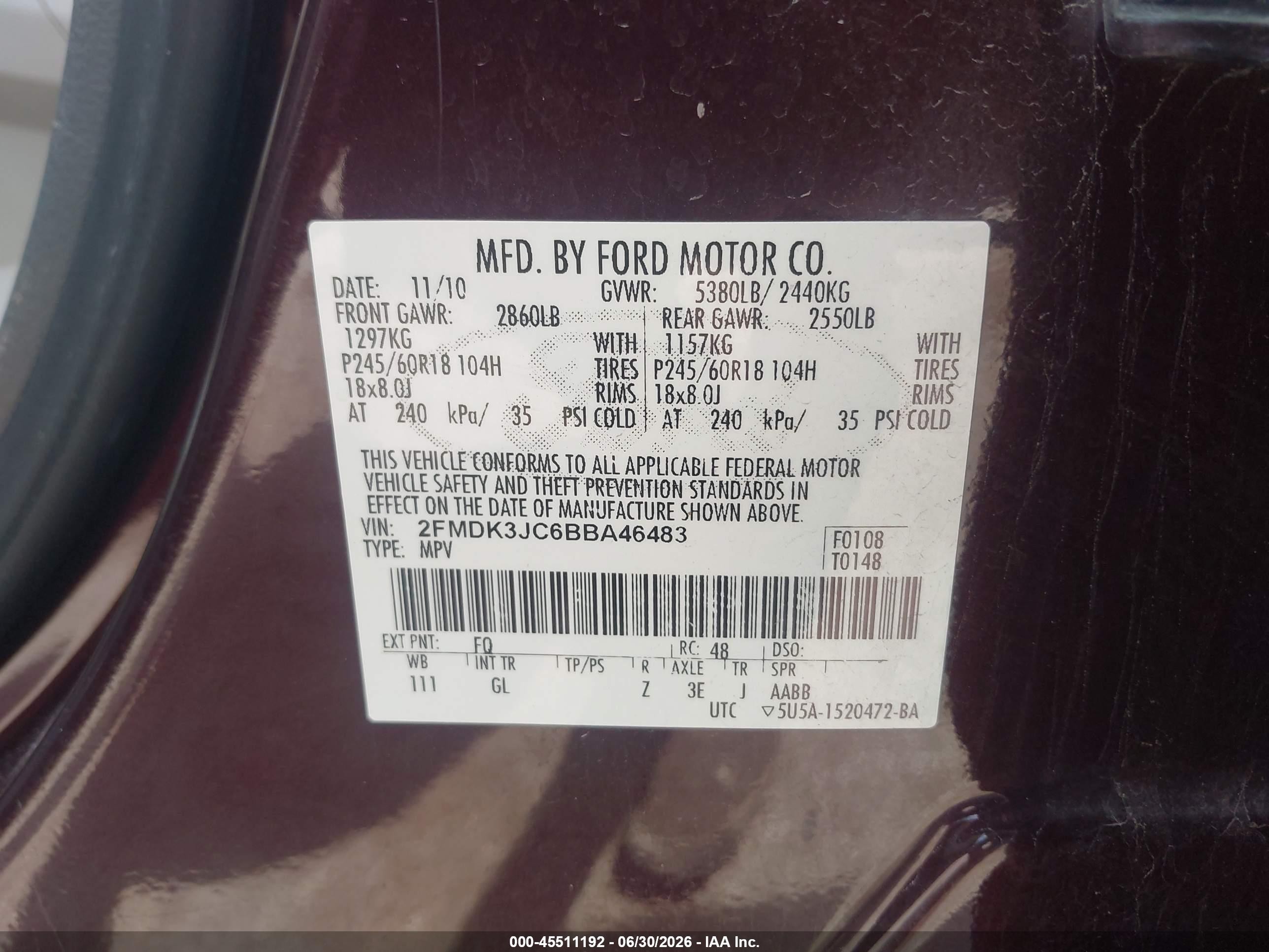 2011 Ford Edge Sel Purple vin: 2FMDK3JC6BBA46483