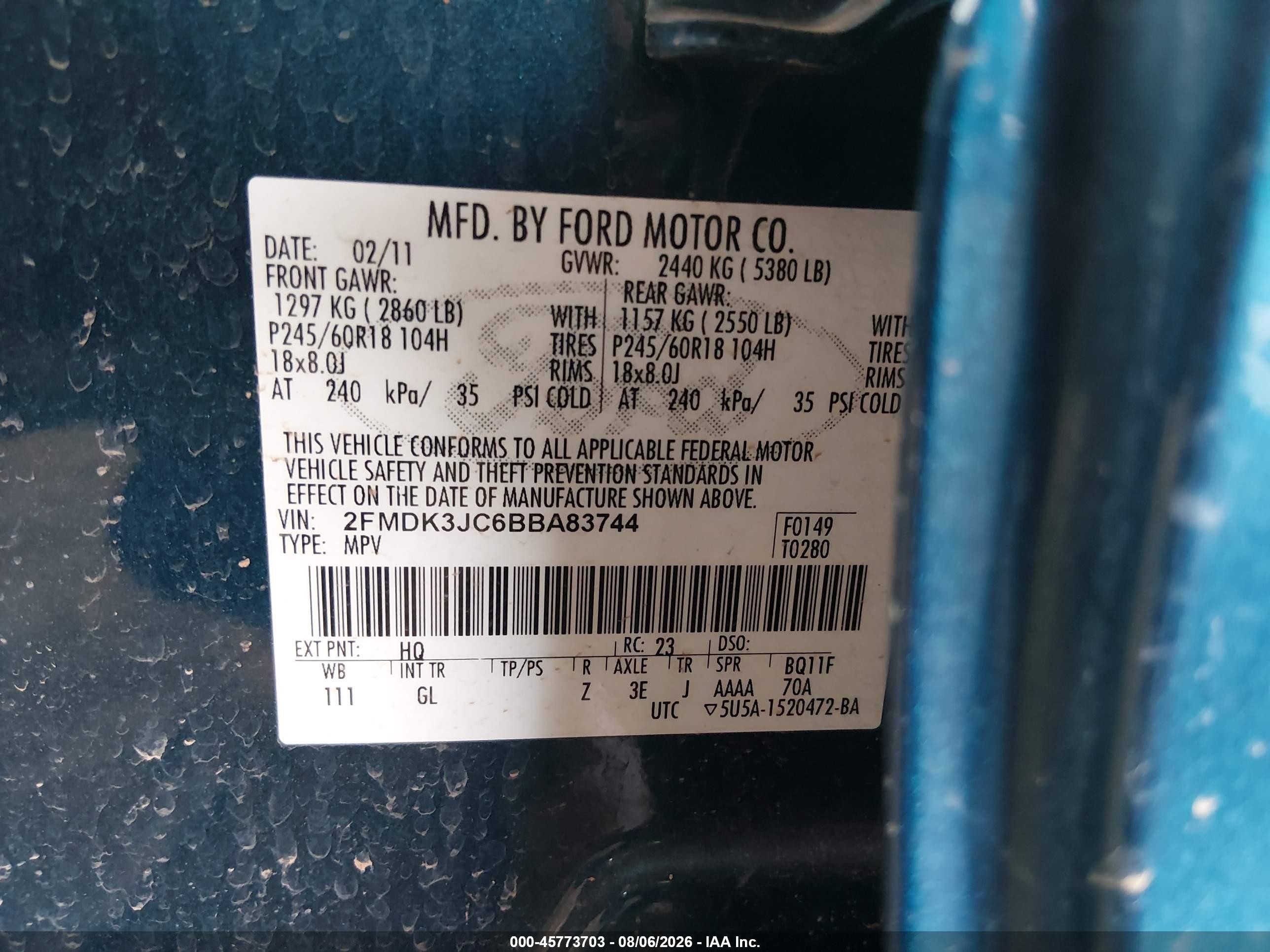 2011 Ford Edge Sel Blue vin: 2FMDK3JC6BBA83744