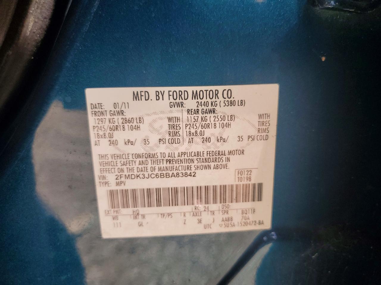 2011 Ford Edge Sel Teal vin: 2FMDK3JC6BBA83842