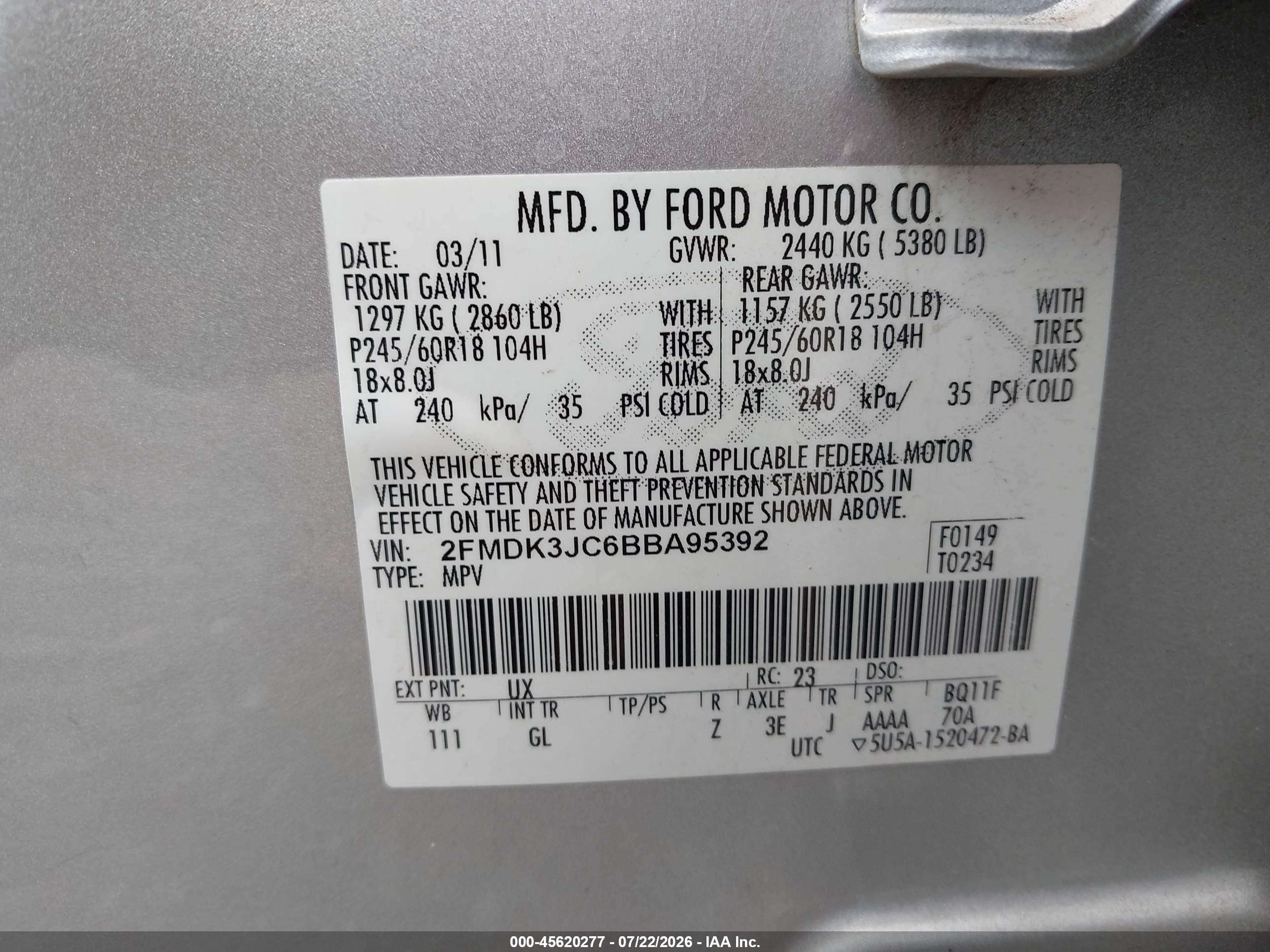 2011 Ford Edge Sel Silver vin: 2FMDK3JC6BBA95392