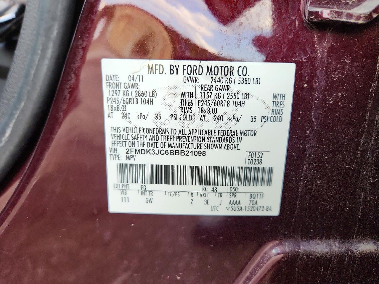 2011 Ford Edge Sel Burgundy vin: 2FMDK3JC6BBB21098
