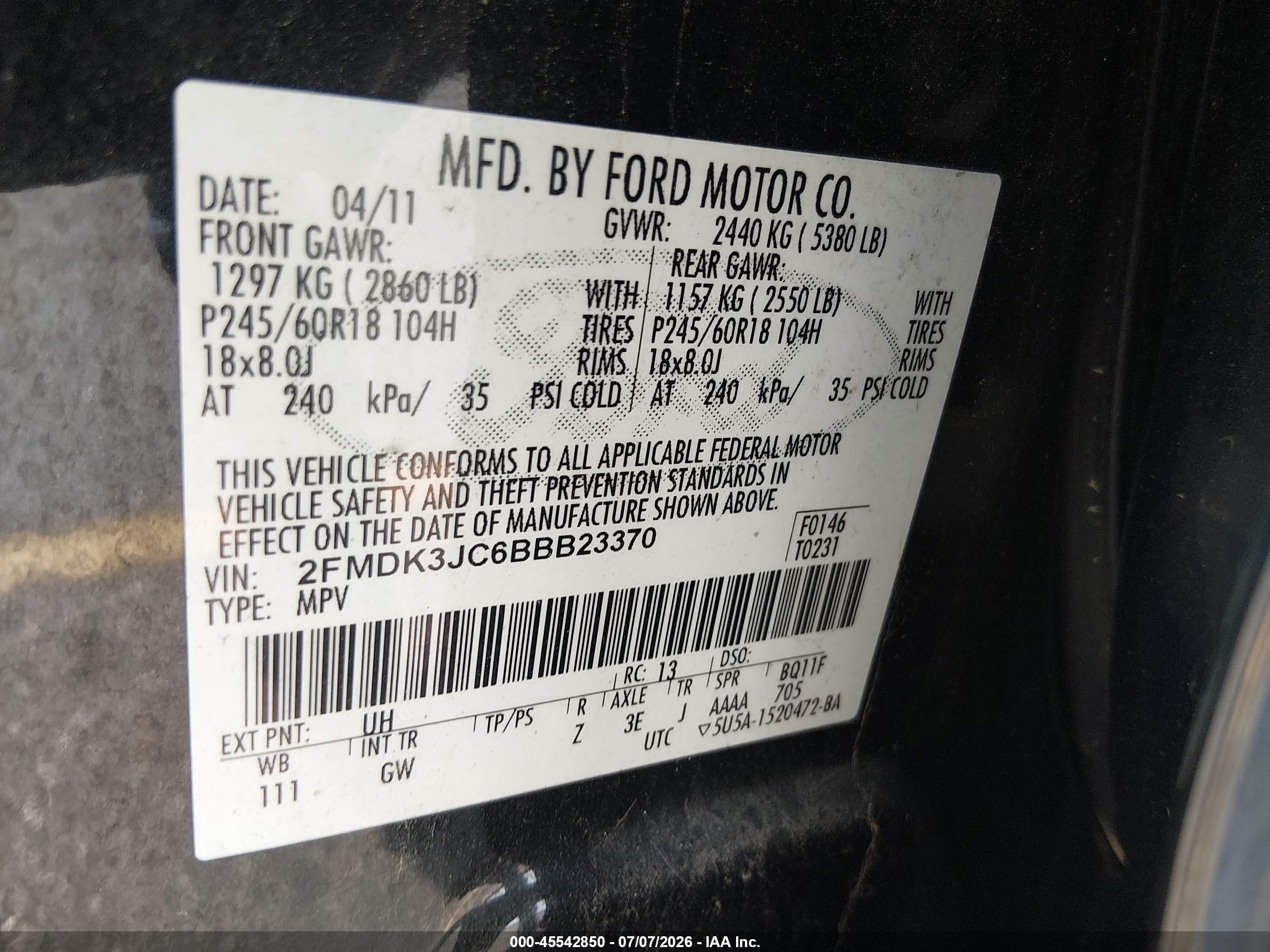 2011 Ford Edge Sel Black vin: 2FMDK3JC6BBB23370