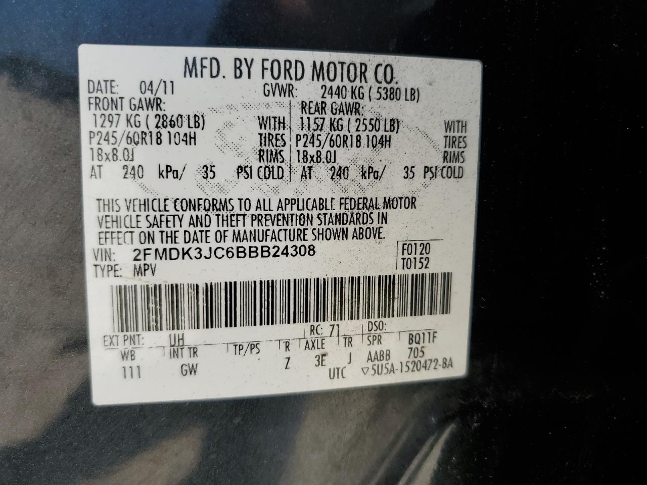 2011 Ford Edge Sel Black vin: 2FMDK3JC6BBB24308