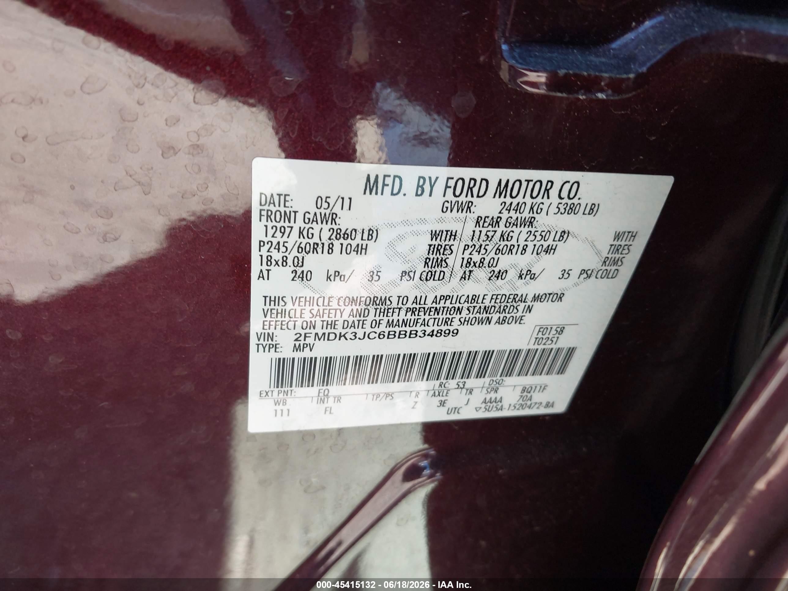 2011 Ford Edge Sel Maroon vin: 2FMDK3JC6BBB34899