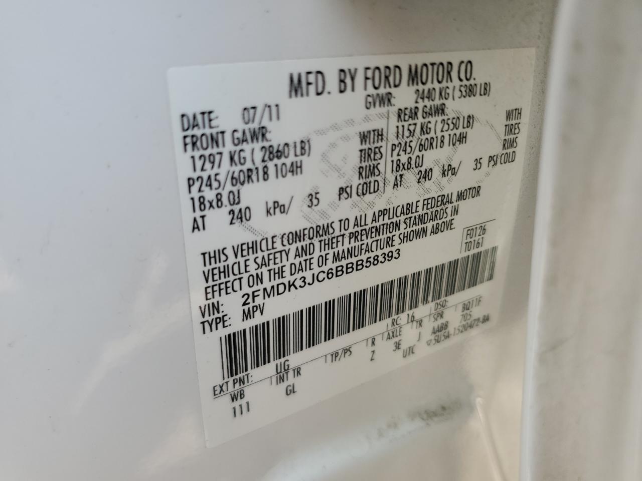 2011 Ford Edge Sel White vin: 2FMDK3JC6BBB58393