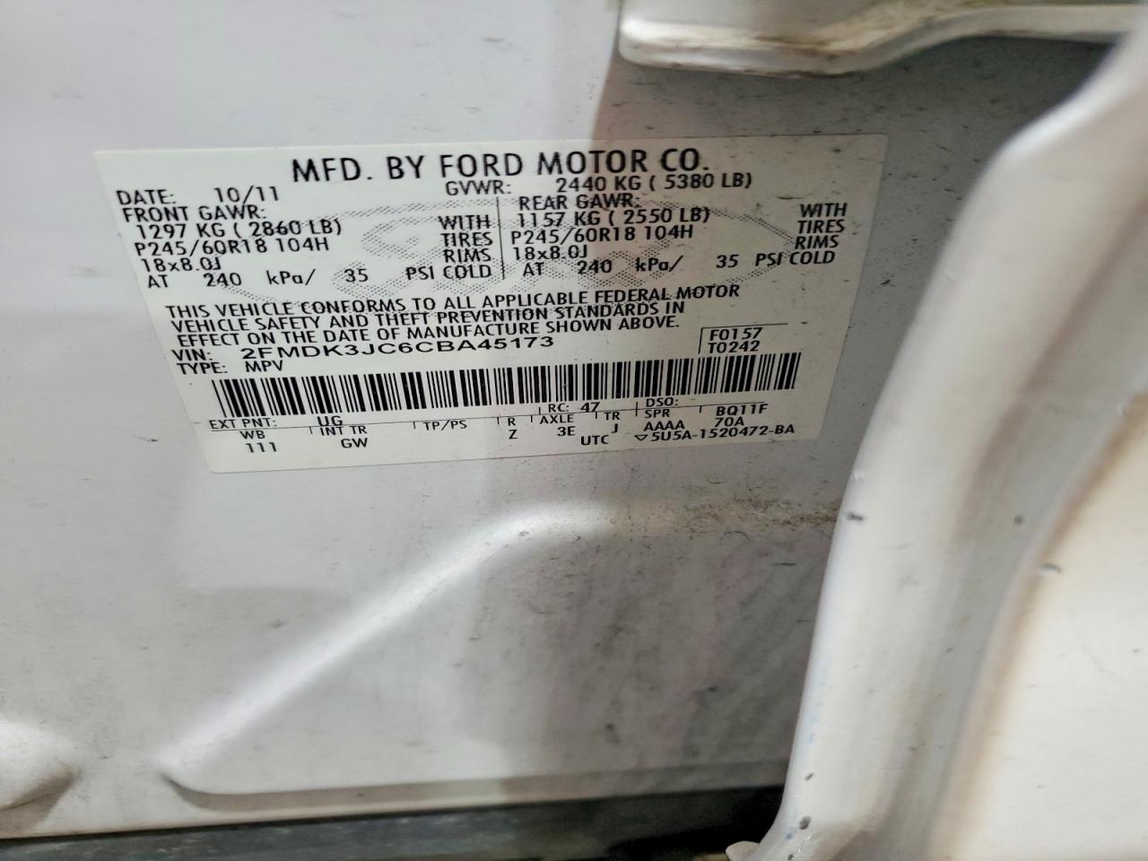2012 Ford Edge Sel White vin: 2FMDK3JC6CBA45173
