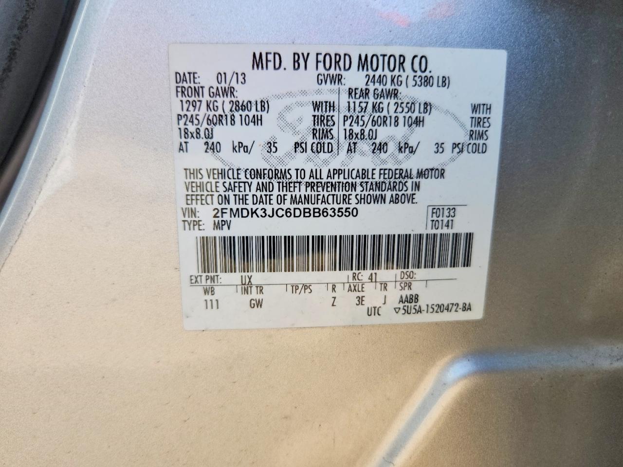 2013 Ford Edge Sel Silver vin: 2FMDK3JC6DBB63550