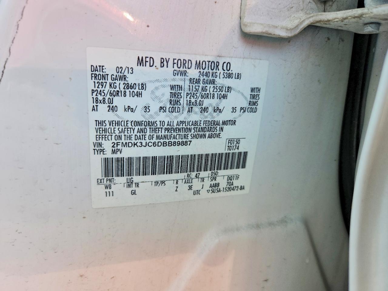 2013 Ford Edge Sel White vin: 2FMDK3JC6DBB89887