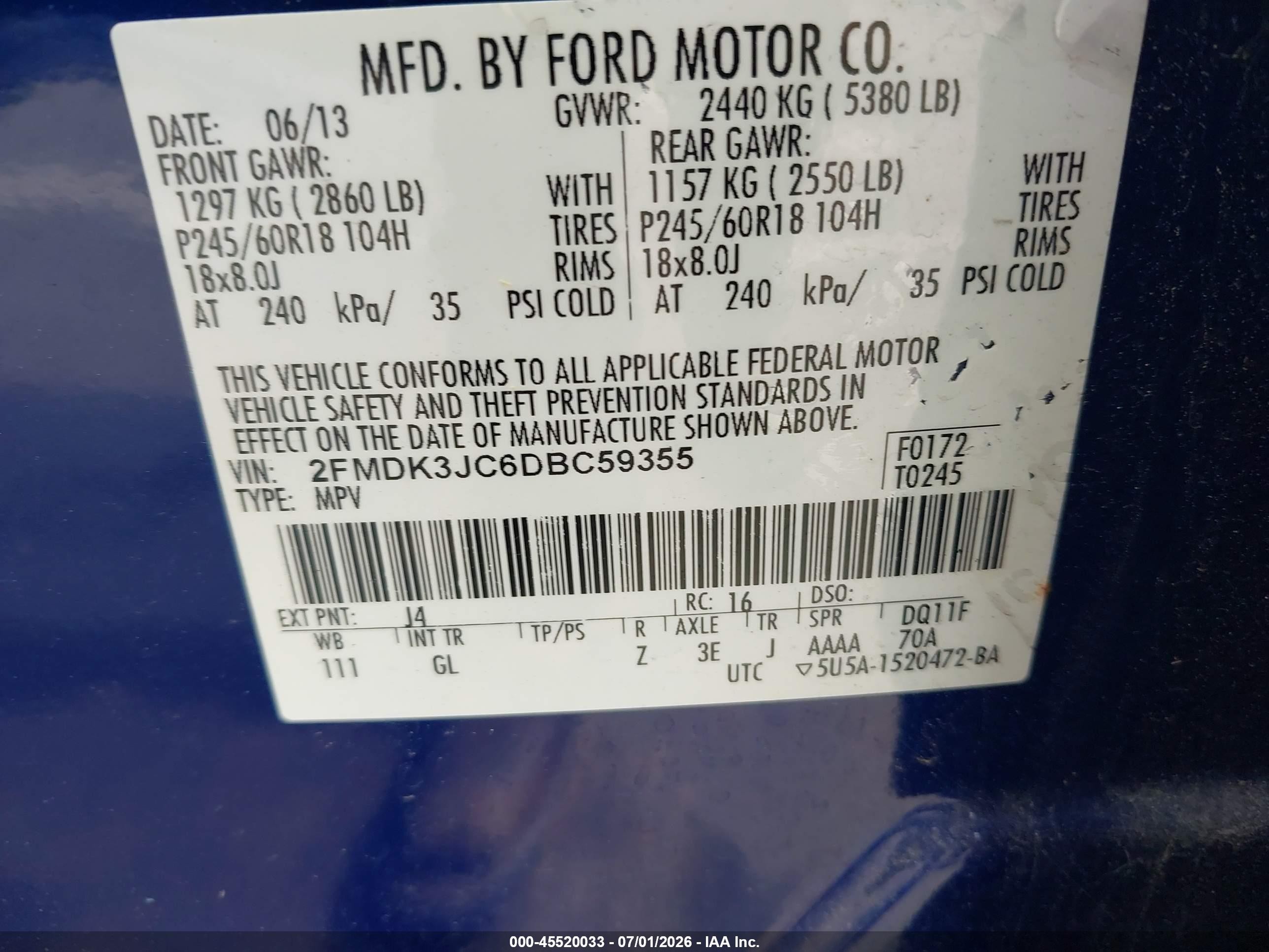 2013 Ford Edge Sel Blue vin: 2FMDK3JC6DBC59355