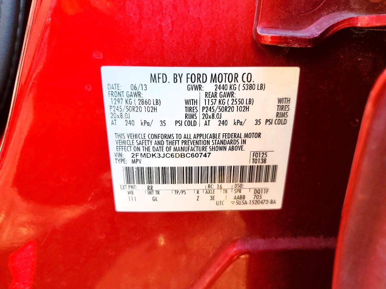 2013 Ford Edge Sel Red vin: 2FMDK3JC6DBC60747