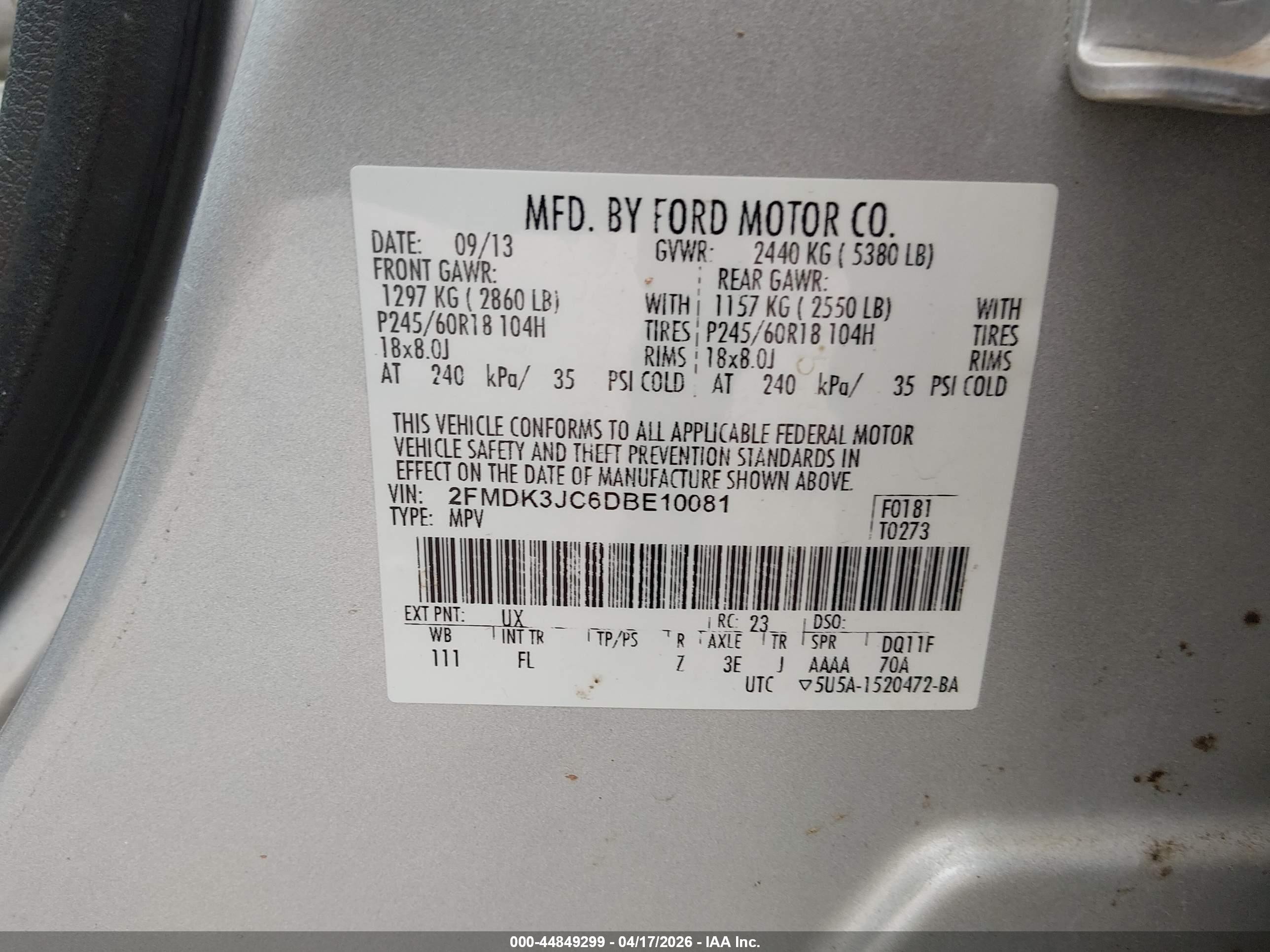 2013 Ford Edge Sel Серебряный vin: 2FMDK3JC6DBE10081