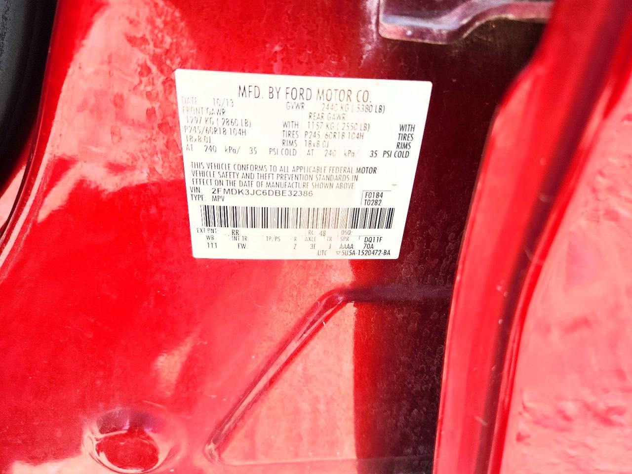 2013 Ford Edge Sel Red vin: 2FMDK3JC6DBE32386