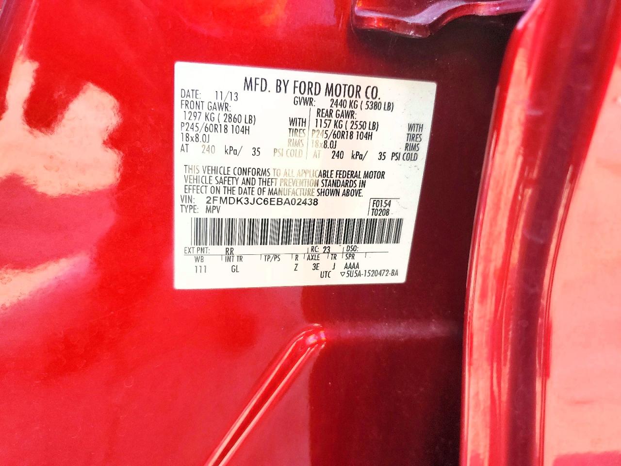 2014 Ford Edge Sel Red vin: 2FMDK3JC6EBA02438