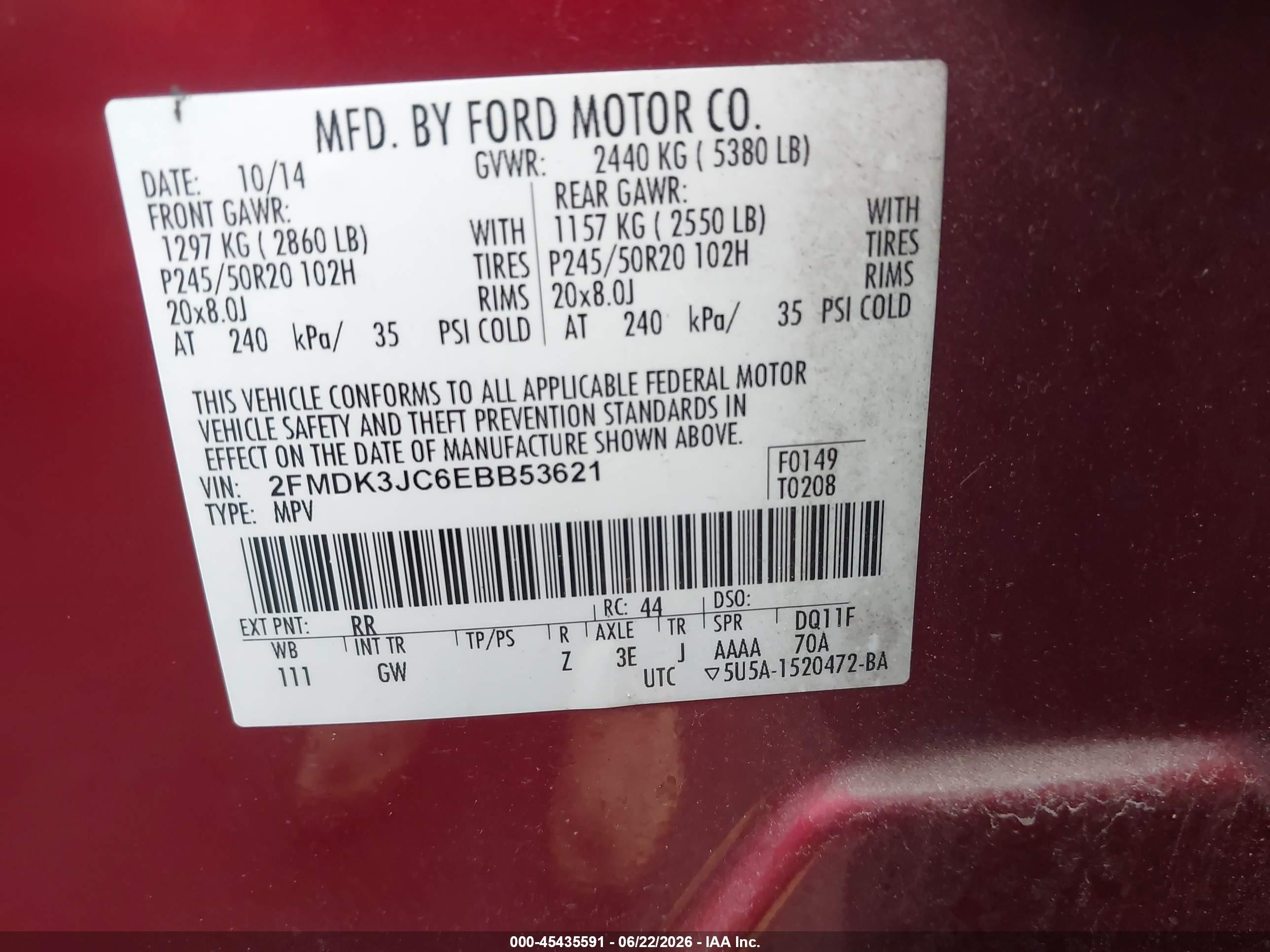 2014 Ford Edge Sel Red vin: 2FMDK3JC6EBB53621