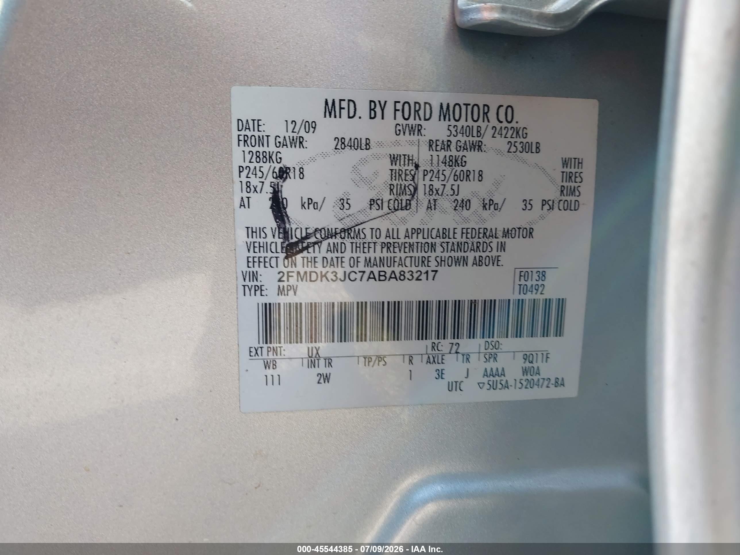 2010 Ford Edge Sel Silver vin: 2FMDK3JC7ABA83217