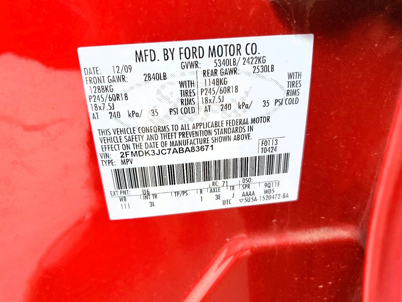 2010 Ford Edge Sel Red vin: 2FMDK3JC7ABA83671