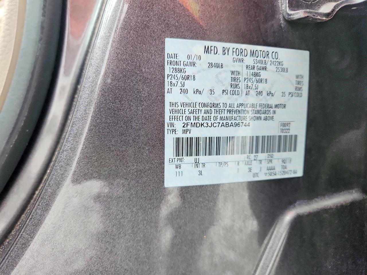 2010 Ford Edge Sel Угольный vin: 2FMDK3JC7ABA96744