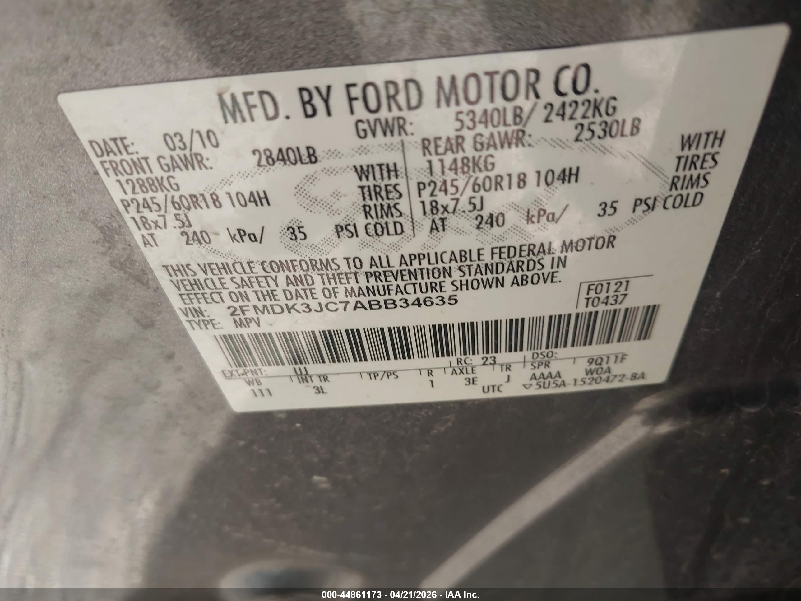 2010 Ford Edge Sel Gray vin: 2FMDK3JC7ABB34635