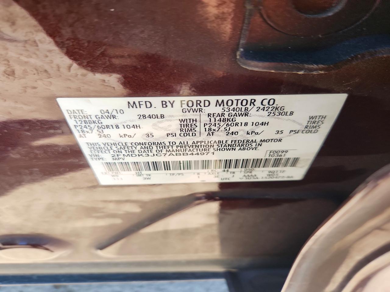 2010 Ford Edge Sel Burgundy vin: 2FMDK3JC7ABB44971