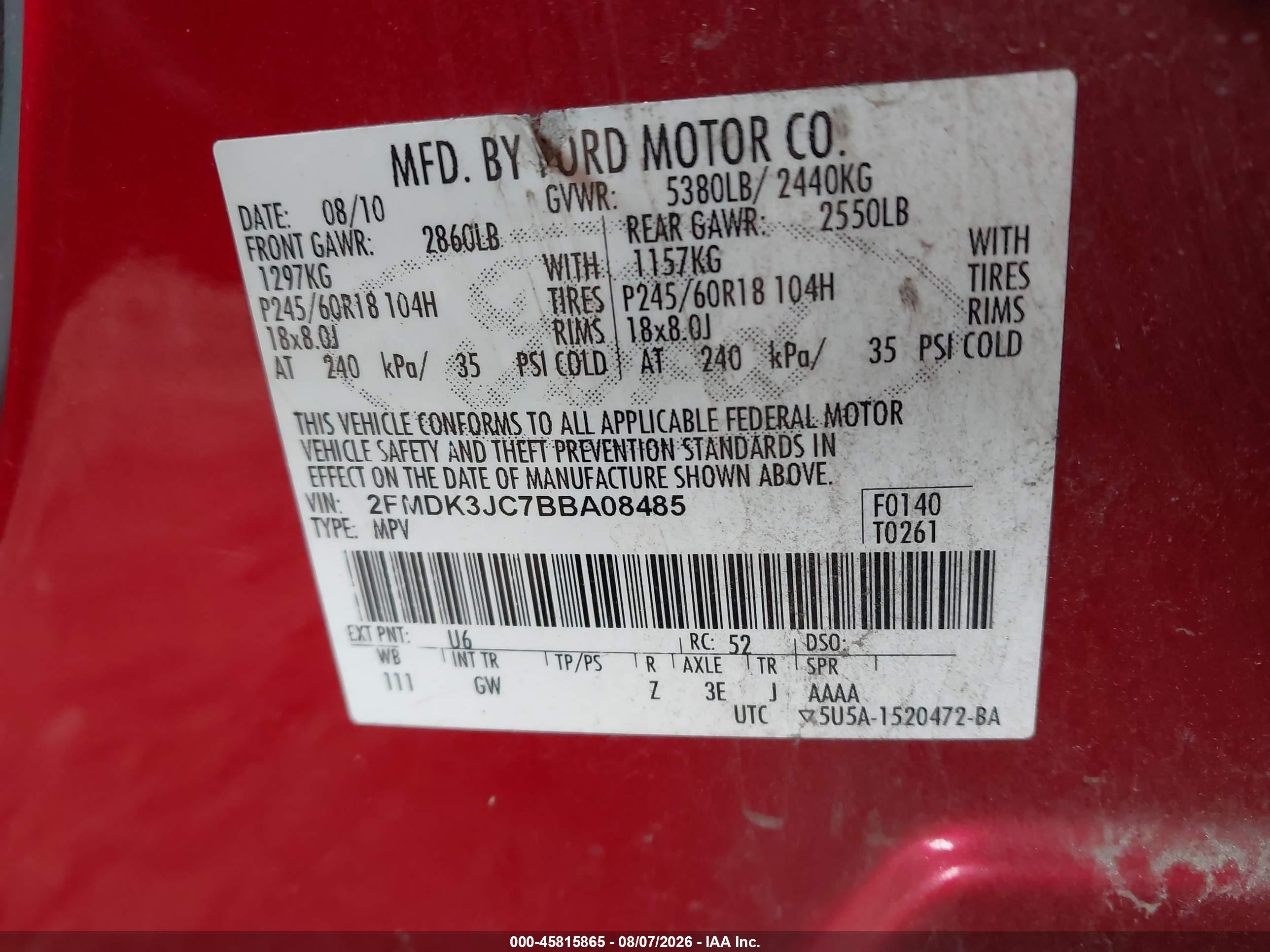 2011 Ford Edge Sel Red vin: 2FMDK3JC7BBA08485
