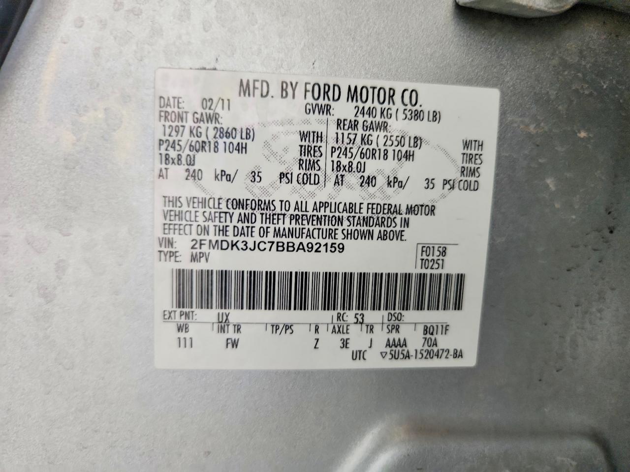 2011 Ford Edge Sel Silver vin: 2FMDK3JC7BBA92159