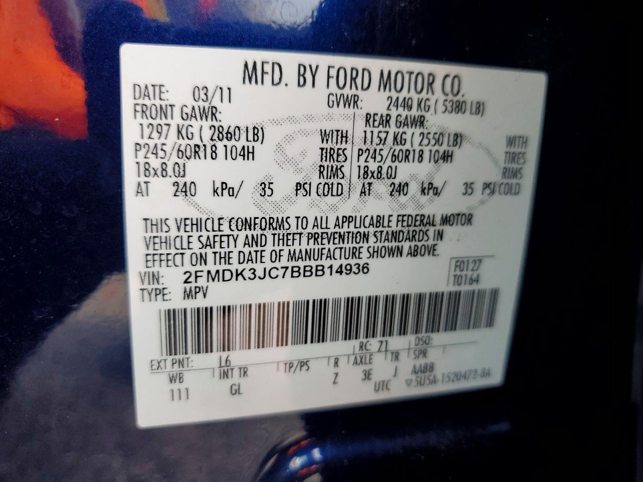 2011 Ford Edge Sel Blue vin: 2FMDK3JC7BBB14936