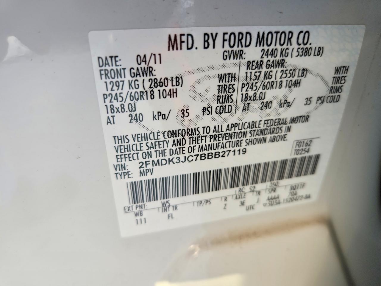 2011 Ford Edge Sel White vin: 2FMDK3JC7BBB27119
