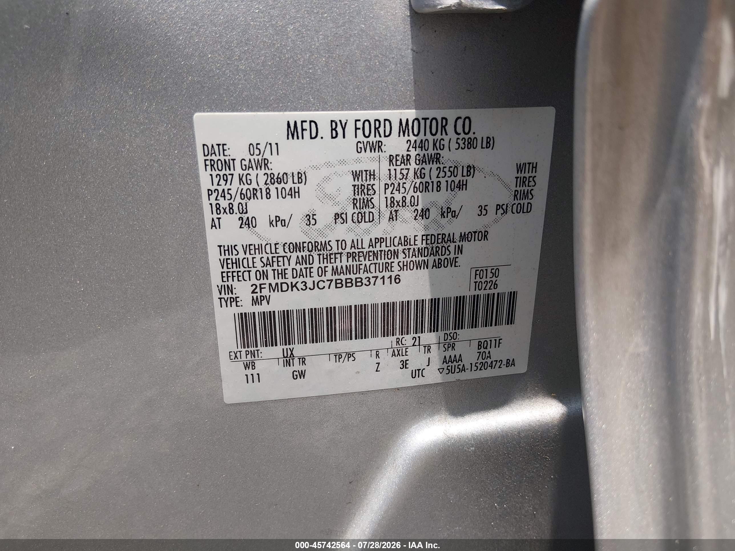 2011 Ford Edge Sel Silver vin: 2FMDK3JC7BBB37116