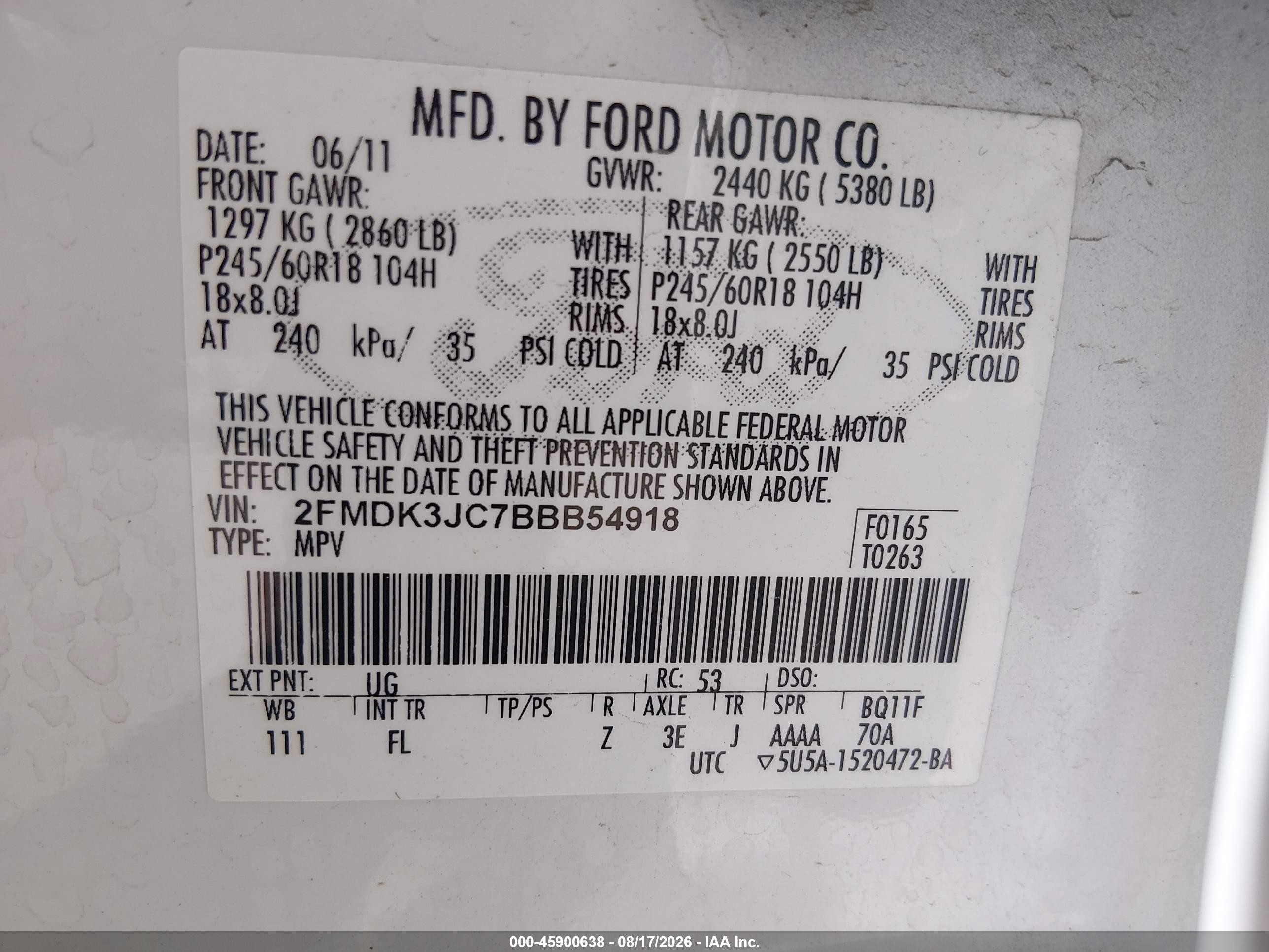 2011 Ford Edge Sel White vin: 2FMDK3JC7BBB54918