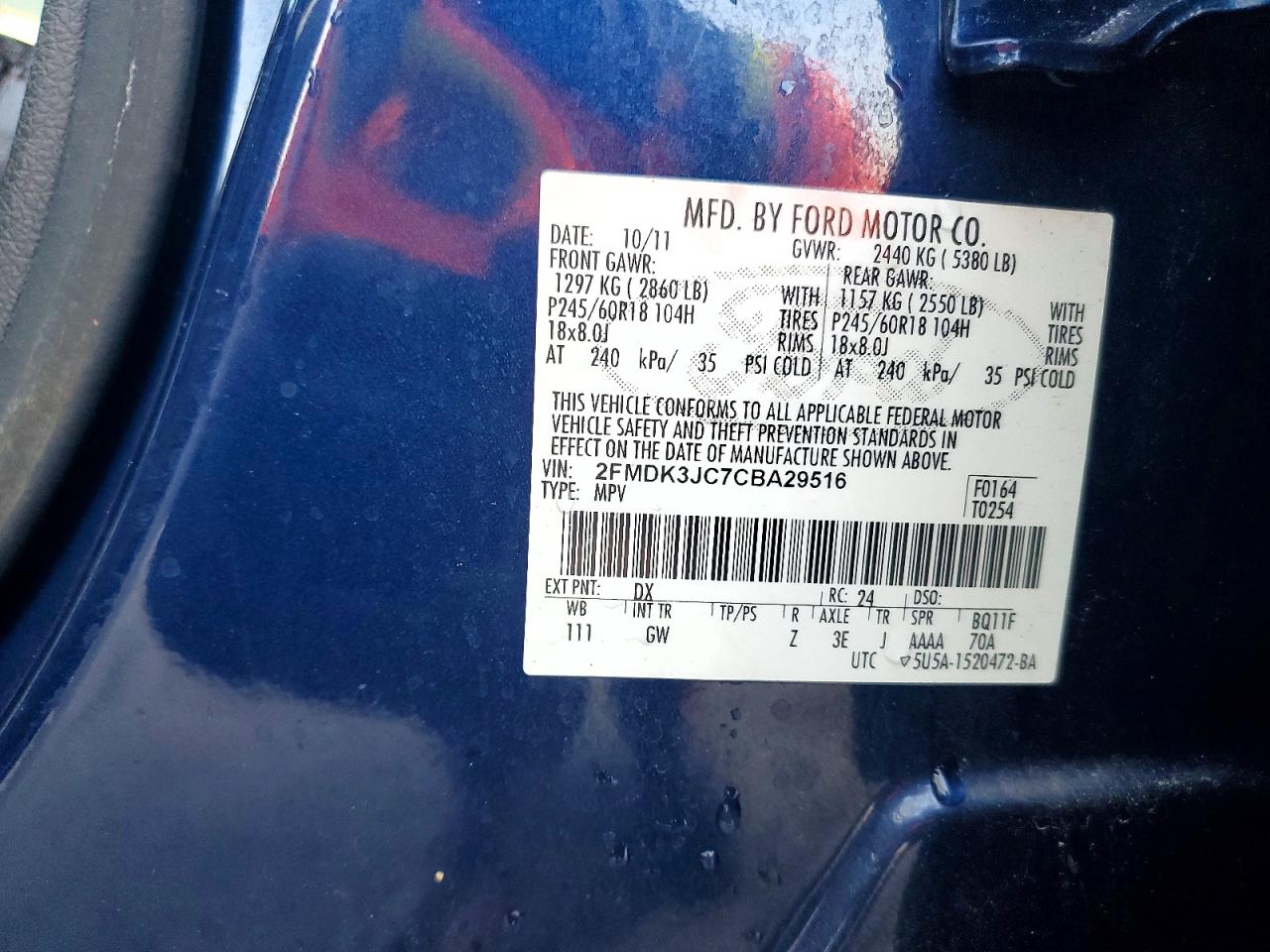2012 Ford Edge Sel Blue vin: 2FMDK3JC7CBA29516