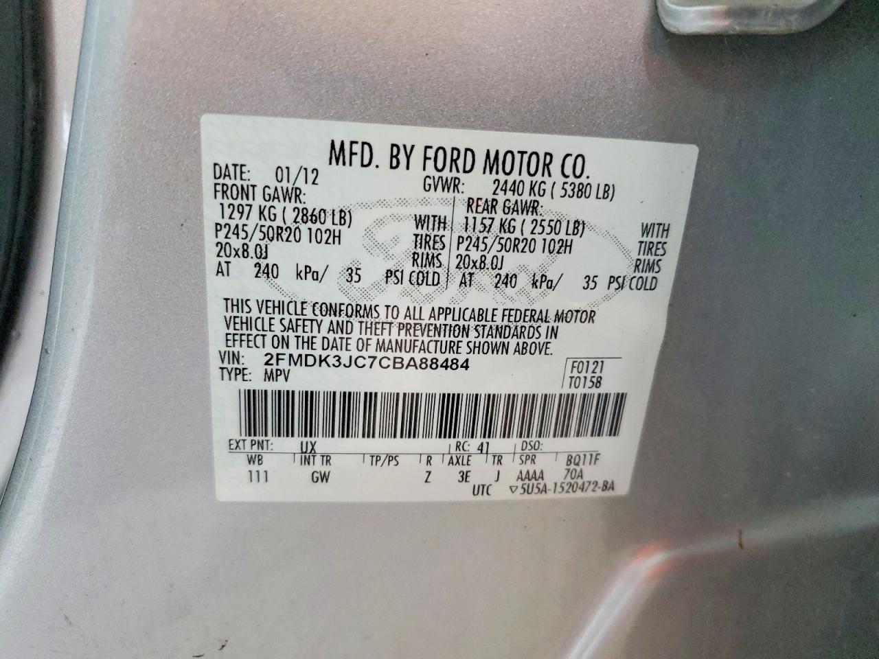 2012 Ford Edge Sel Silver vin: 2FMDK3JC7CBA88484