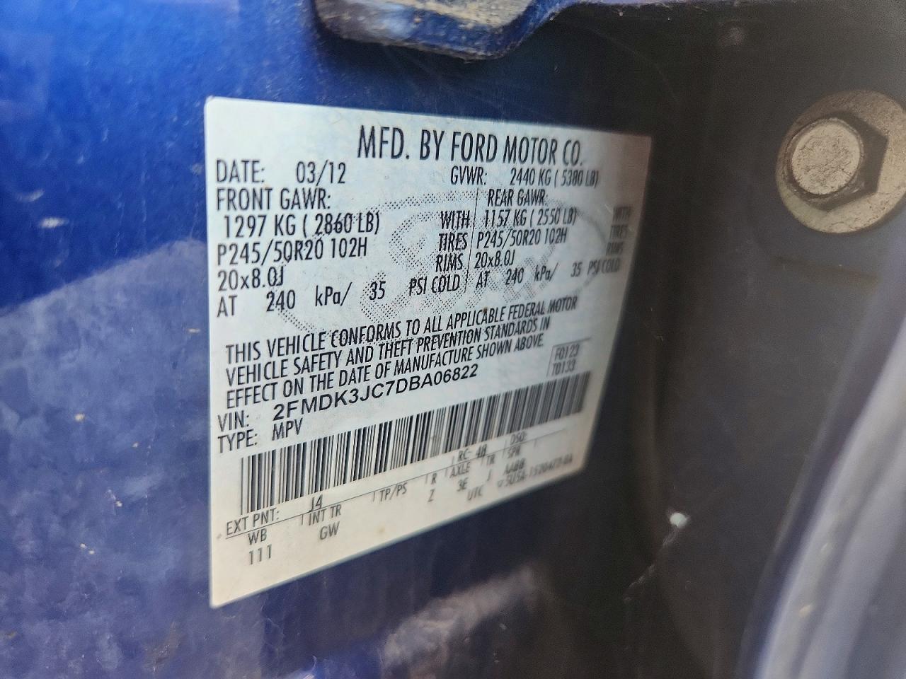 2013 Ford Edge Sel Blue vin: 2FMDK3JC7DBA06822