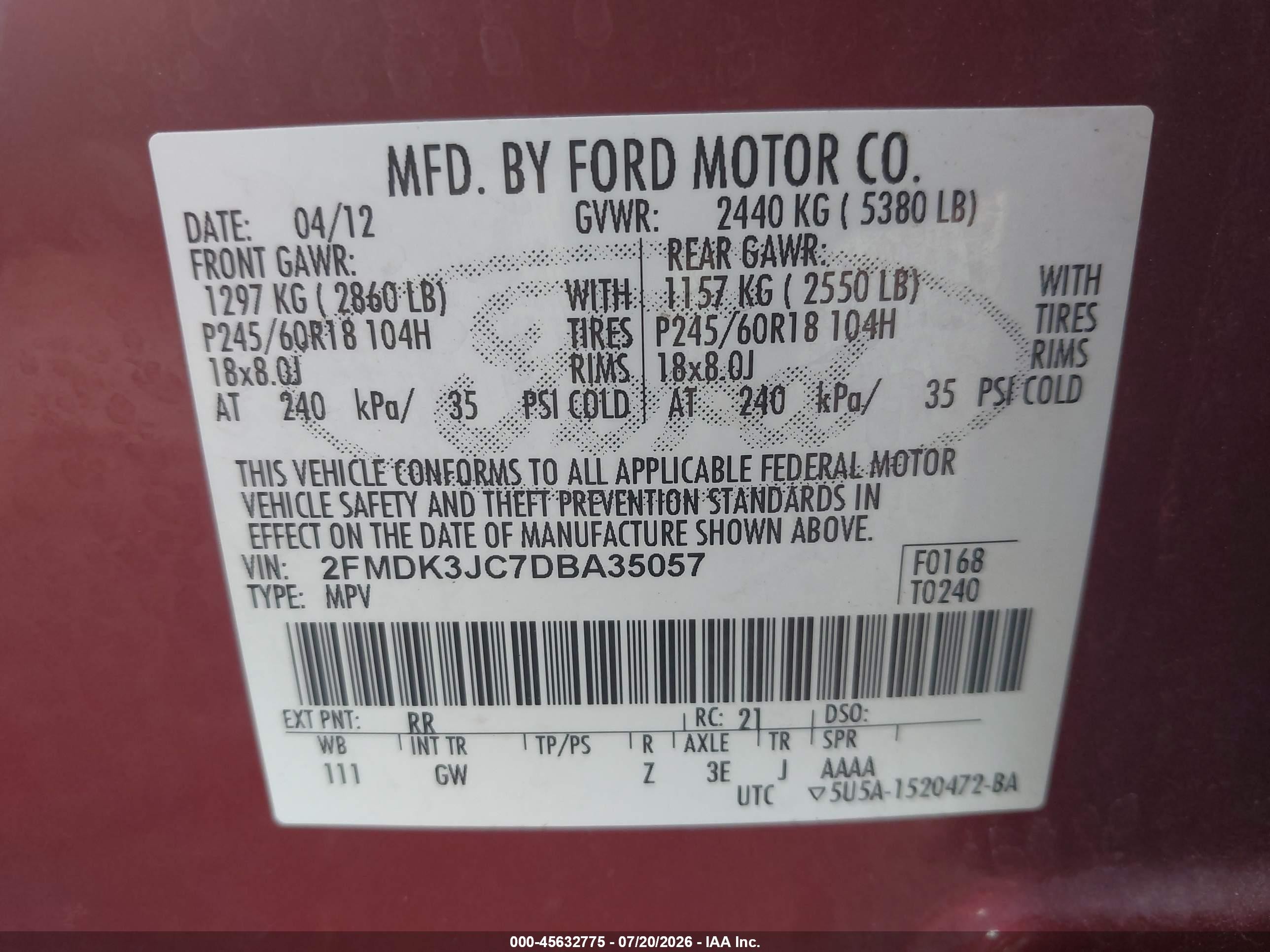 2013 Ford Edge Sel Red vin: 2FMDK3JC7DBA35057
