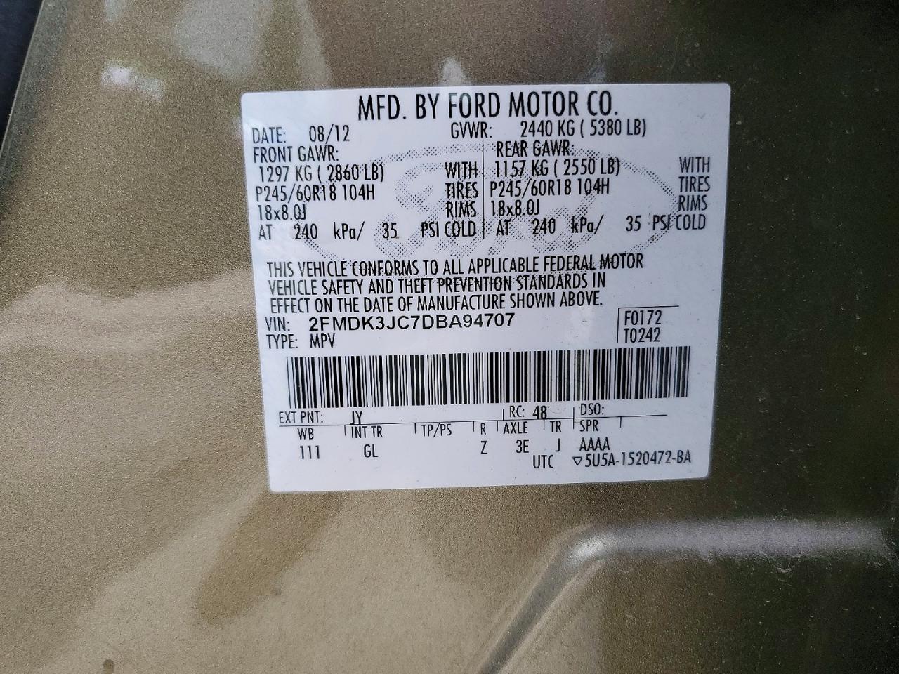 2013 Ford Edge Sel Green vin: 2FMDK3JC7DBA94707